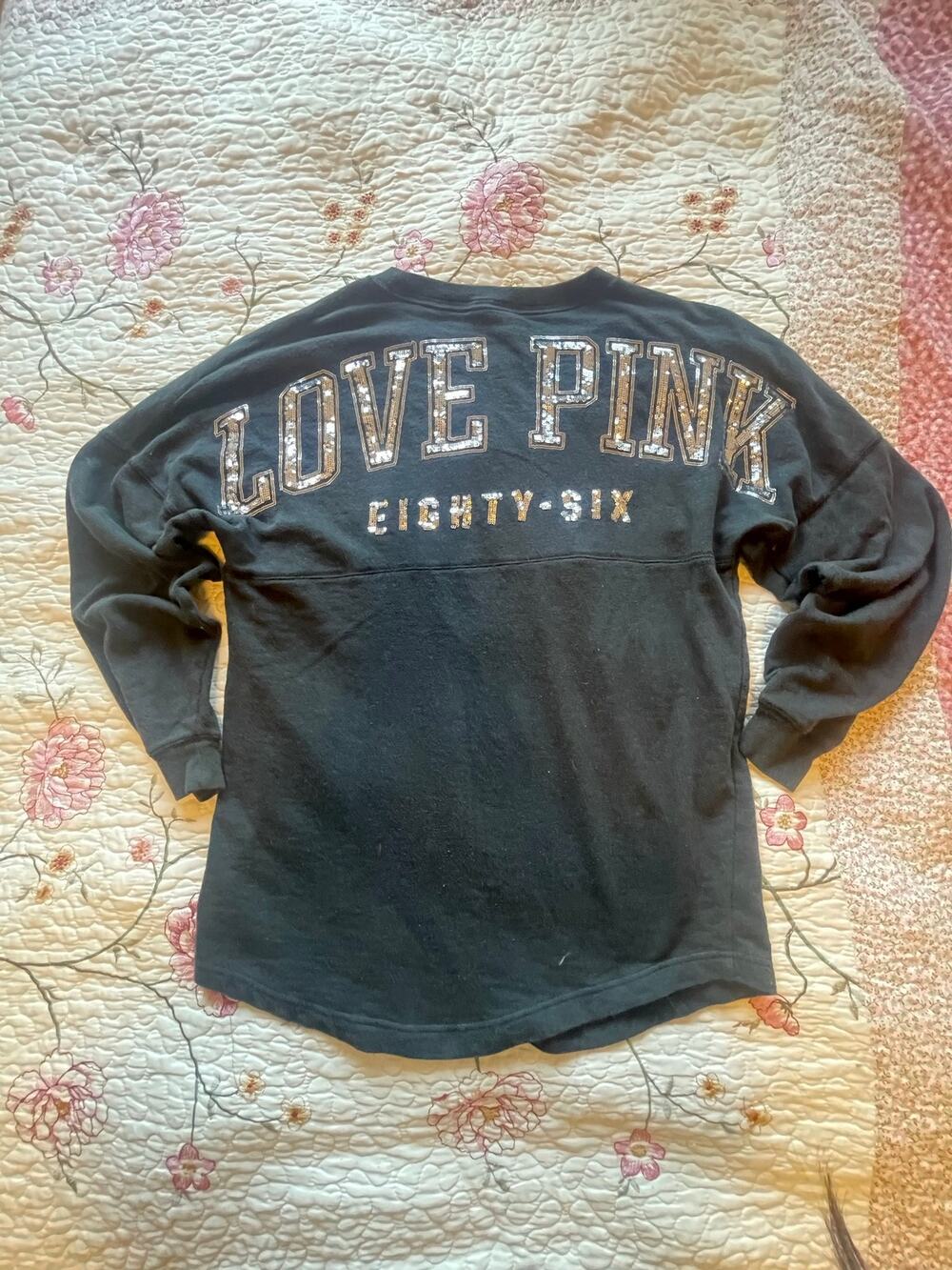 victorias secret love pink sequin black crewneck